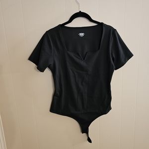 Square Neck with V Plunge Black Short Sleeve Bodysuit NWOT